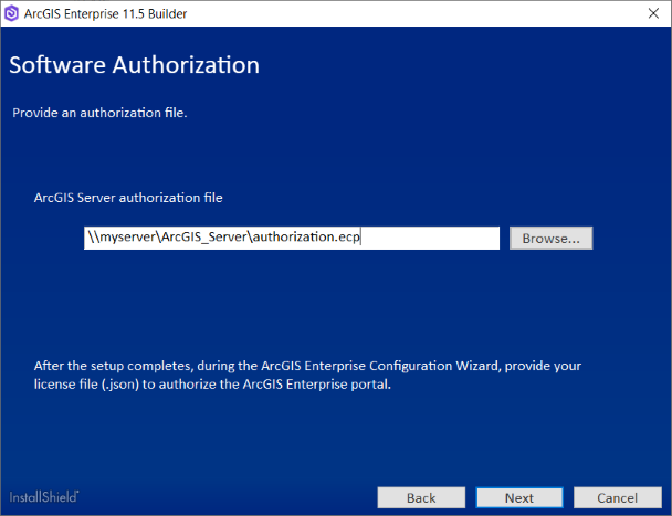 Provide the location for your ArcGIS Server authorization file. Provide the location for your ArcGIS Server authorization file.