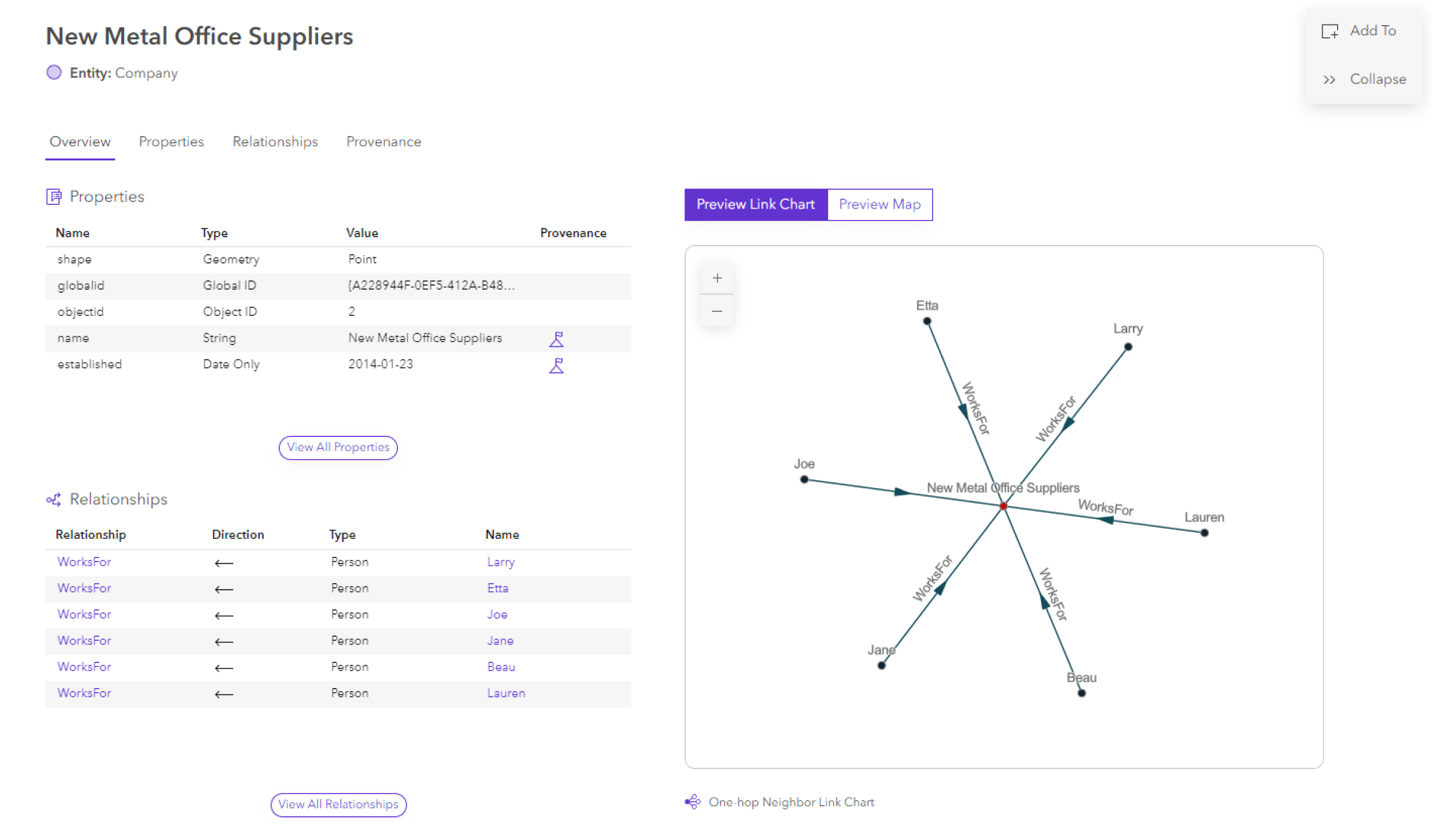 Overview tab of an entity data card Overview tab of an entity data card